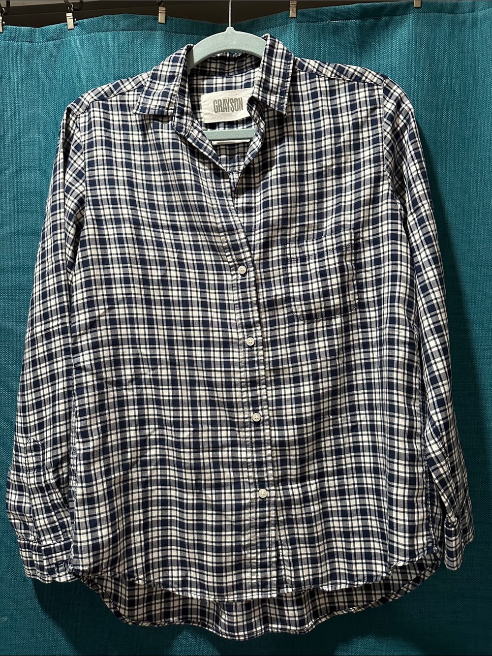 Grayson Anthropologie Navy and White Lyocell Plaid Button-Down Shirt
